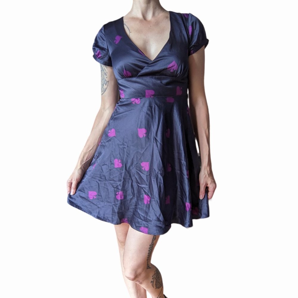BB Dakota dark blue satin dress with purple spades
